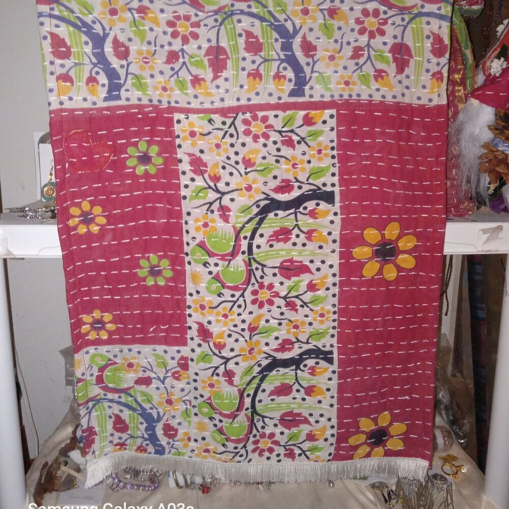 Kantha Scarf Or Table Runner Fringe 18" x 54" Trees Flowers Cotton Handmade KS1